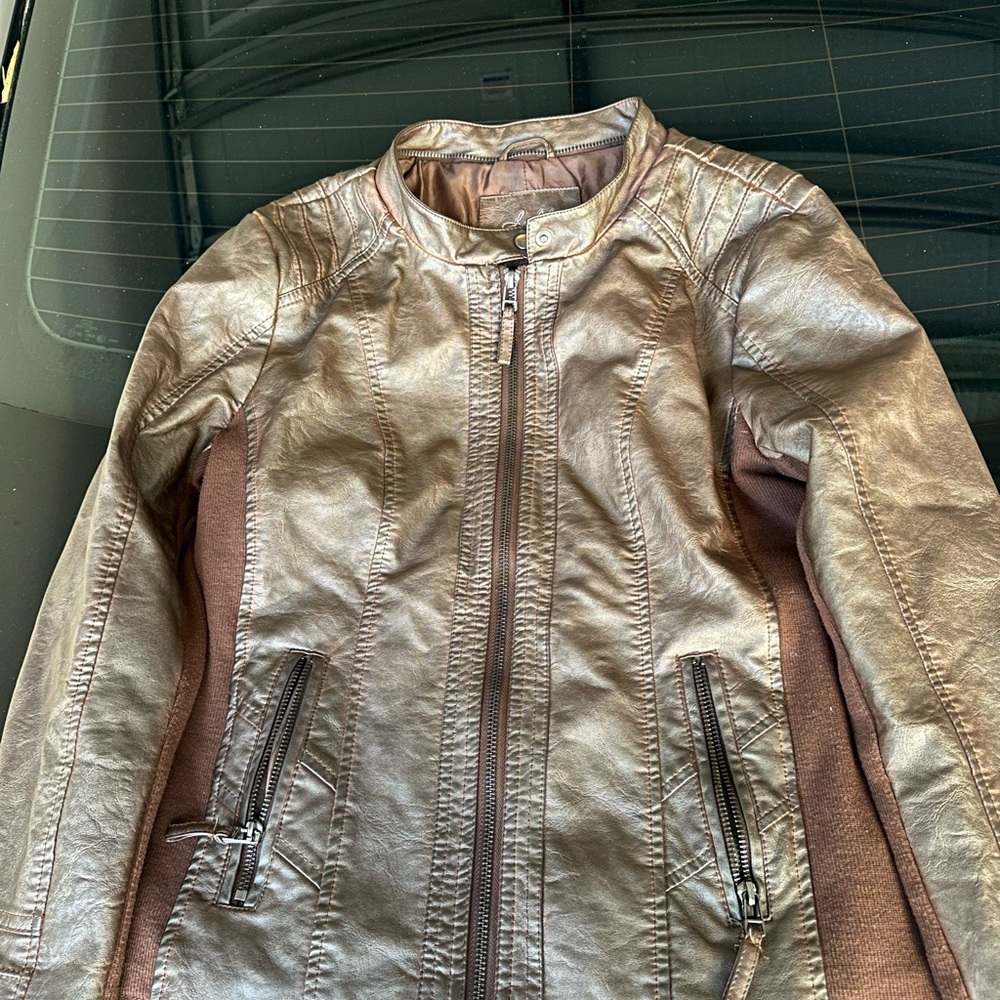 Women's Brown Leather Jacket and White Puffer Jacket